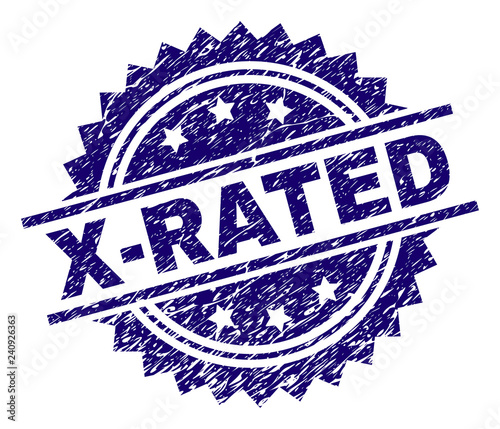X-RATED stamp seal watermark with distress style. Blue vector rubber print of X-RATED text with unclean texture.