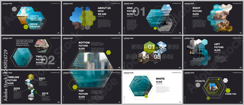 Minimal presentations design, portfolio vector templates with hexagons and hexagonal elements. Multipurpose template for presentation slide, flyer leaflet, brochure cover, report, advertising.