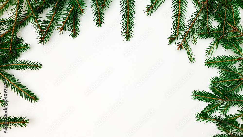 Branches of a Christmas tree border on one side on three sides on a white background, empty space, free space for text, insert