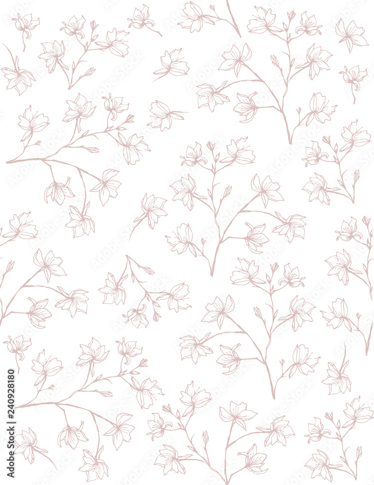 Delicate Sketched Branch Vector Pattern. Hand Drawn Pale Light Pink Twigs on a White Background. Lovely Blooming Sprigs. Elegant Floral Pattern.