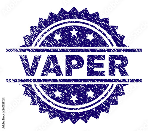 VAPER stamp seal watermark with distress style. Blue vector rubber print of VAPER label with dirty texture.