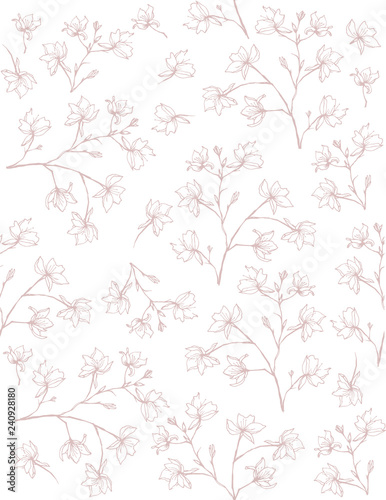 Delicate Sketched Branch Vector Pattern. Hand Drawn Pale Light Pink Twigs on a White Background. Lovely Blooming Sprigs. Elegant Floral Pattern.