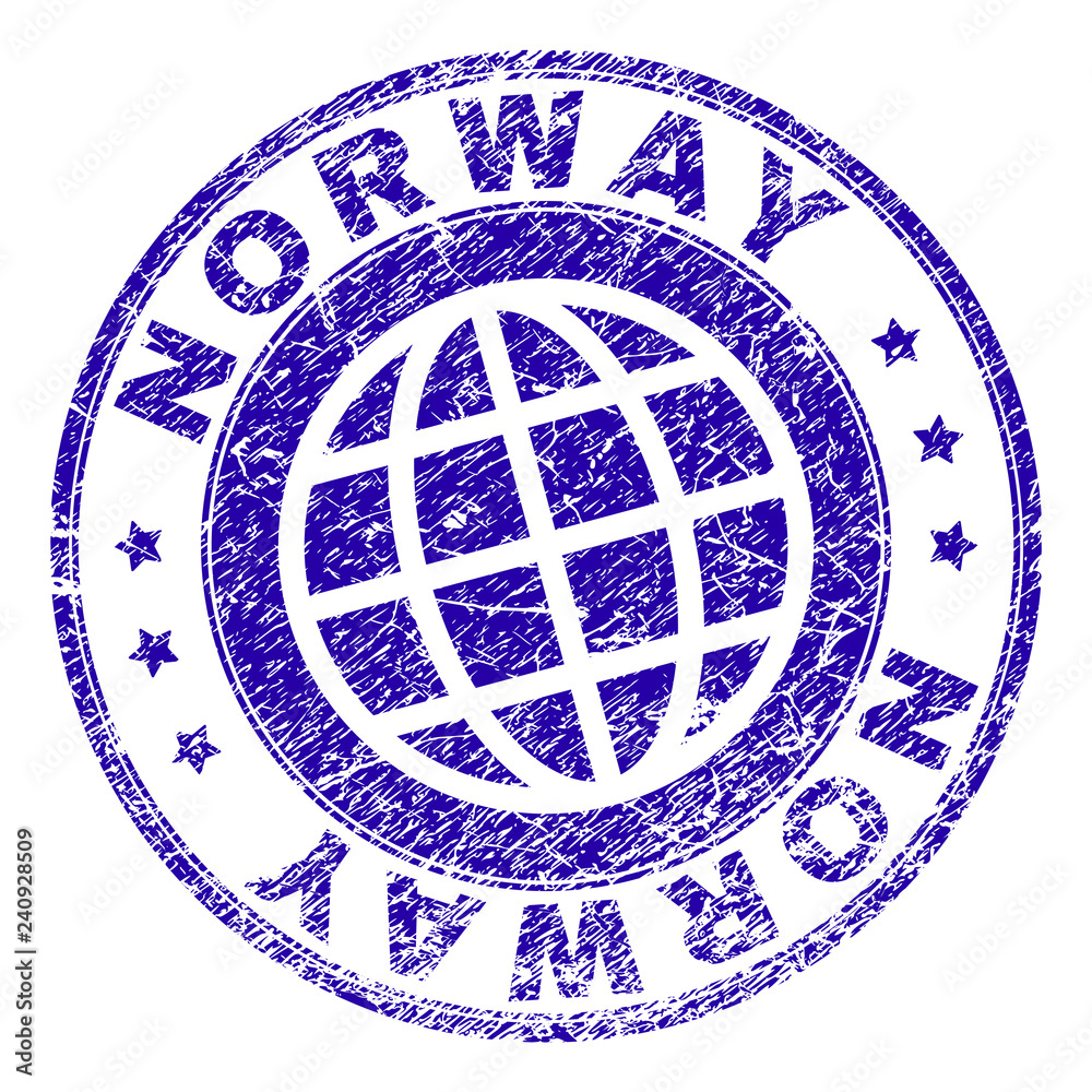 NORWAY stamp imprint with grunge texture. Blue vector rubber seal imprint of NORWAY title with grunge texture. Seal has words placed by circle and planet symbol.