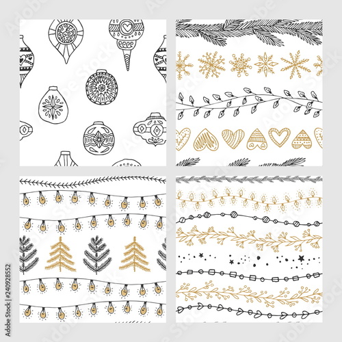 Beautiful seamless Christmas and winter patterns, drawn by hand. Many festive elements and patterns. Vector graphics and illustration.