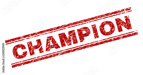 CHAMPION seal watermark with corroded texture. Red vector rubber print of CHAMPION title with grunge texture. Text title is placed between double parallel lines.