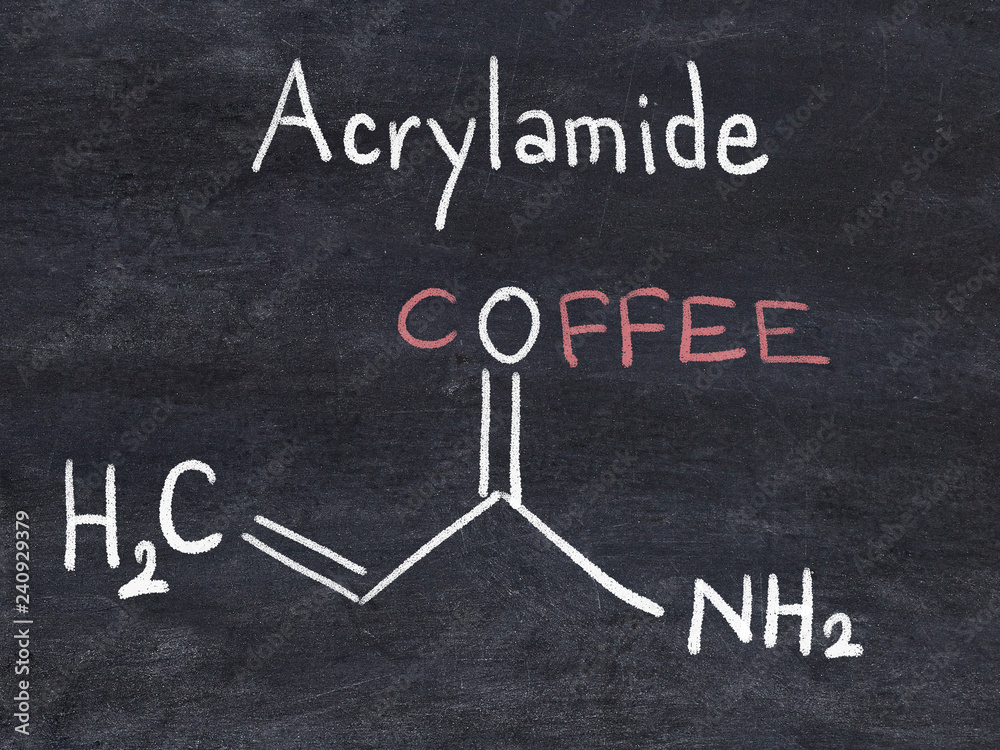 Fototapeta premium Acrylamide molecule, polyacrylamide building block and heat-generated food pollutant. Skeletal formula.