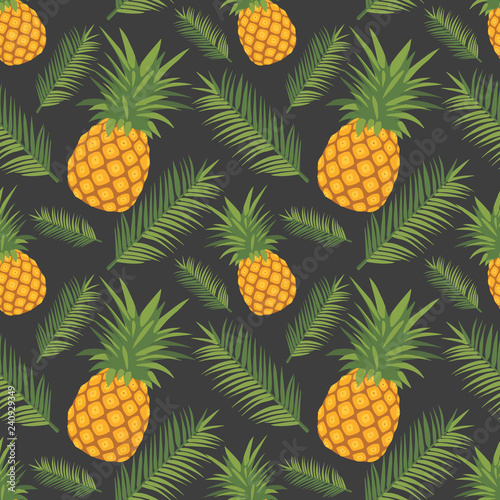 Exotic graphic illustration seamless pattern with yellow pineapple fruits and green leaves on dark black background