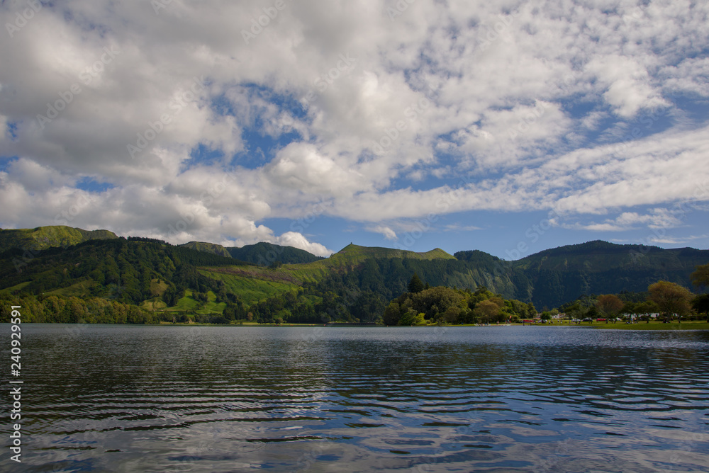 lake, mountains and blue sky with clouds 