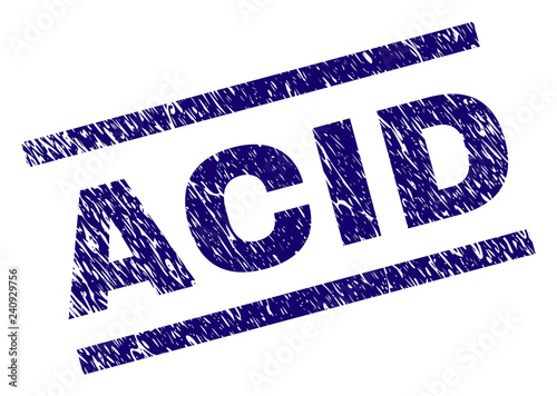 ACID seal watermark with scratced style. Blue vector rubber print of ACID tag with unclean texture. Text tag is placed between parallel lines.