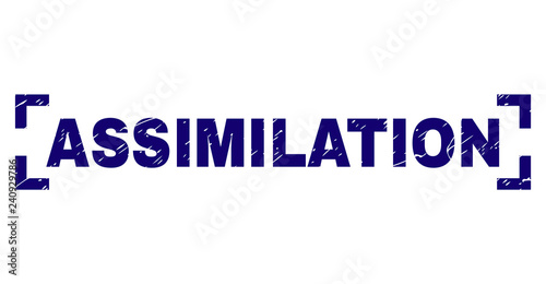 ASSIMILATION text seal print with grunge texture. Text title is placed inside corners. Blue vector rubber print of ASSIMILATION with unclean texture.