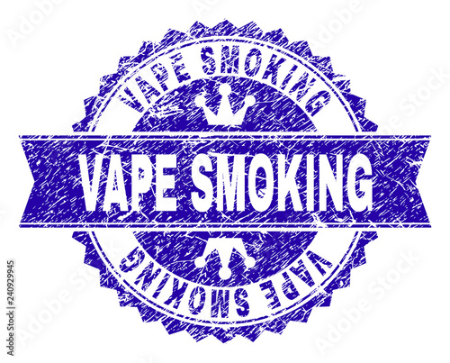 VAPE SMOKING rosette stamp overlay with grunge style. Designed with round rosette, ribbon and small crowns. Blue vector rubber print of VAPE SMOKING label with grunge style.
