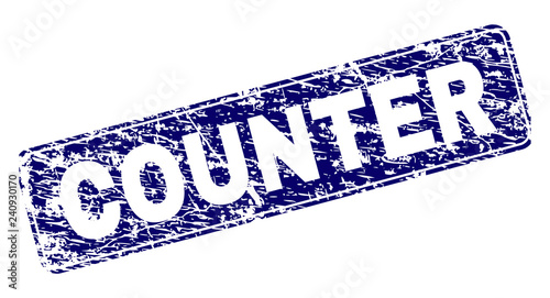 COUNTER stamp seal print with distress style. Seal shape is a rounded rectangle with frame. Blue vector rubber print of COUNTER tag with unclean style.