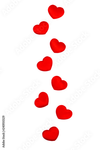 Creative composition with red hearts isolated on white. Love concept. Flat lay style, top view.
