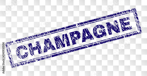 CHAMPAGNE stamp seal imprint with rubber print style and double framed rectangle shape. Stamp is placed on a transparent background. Blue vector rubber print of CHAMPAGNE caption with unclean texture.