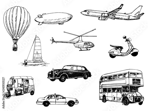 Set of hand drawn sketch style different types of transport isolated on white background. Vector illustration.