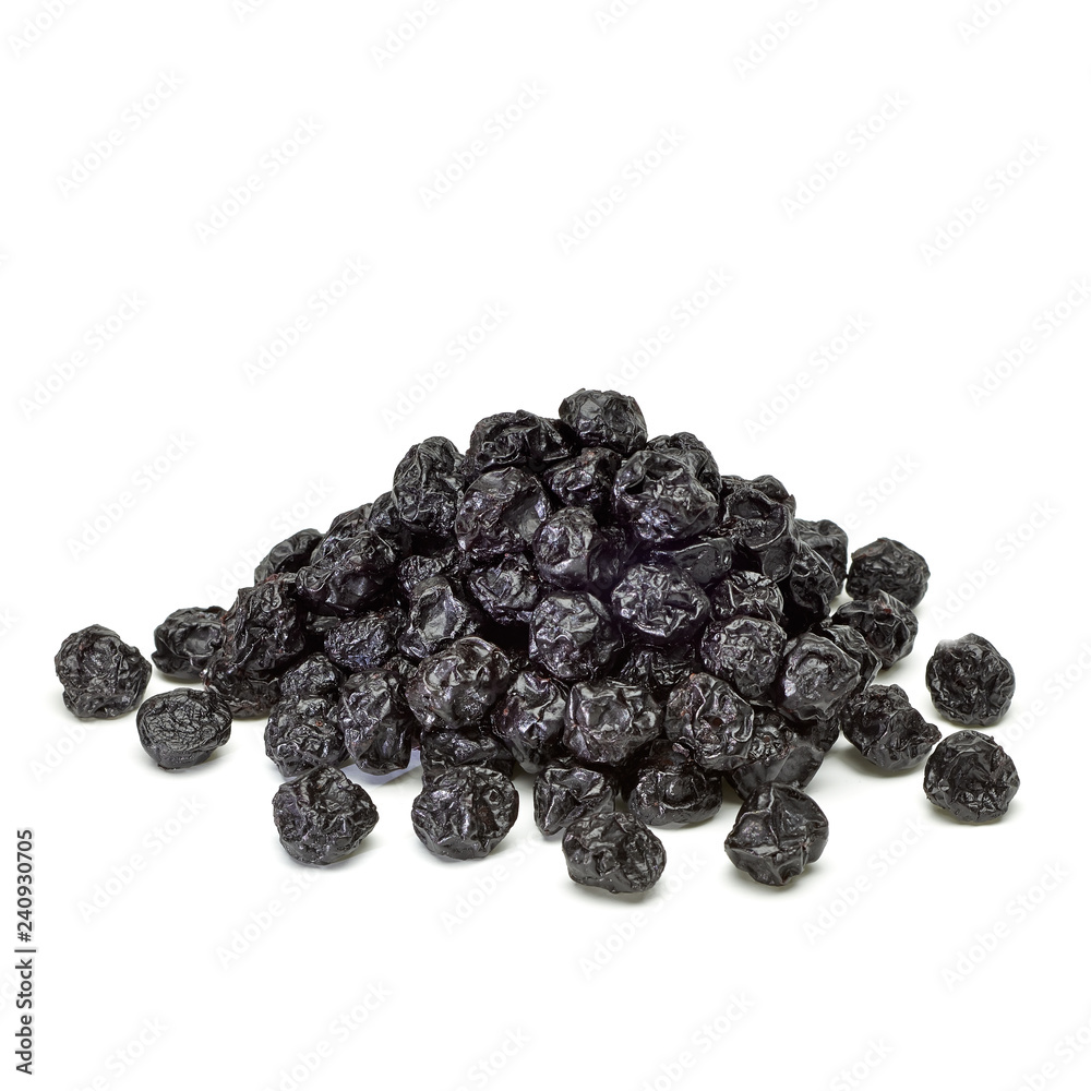 Sun dried blueberries heap or pile isolated on white background Sun dried blueberries heap or pile isolated on white background