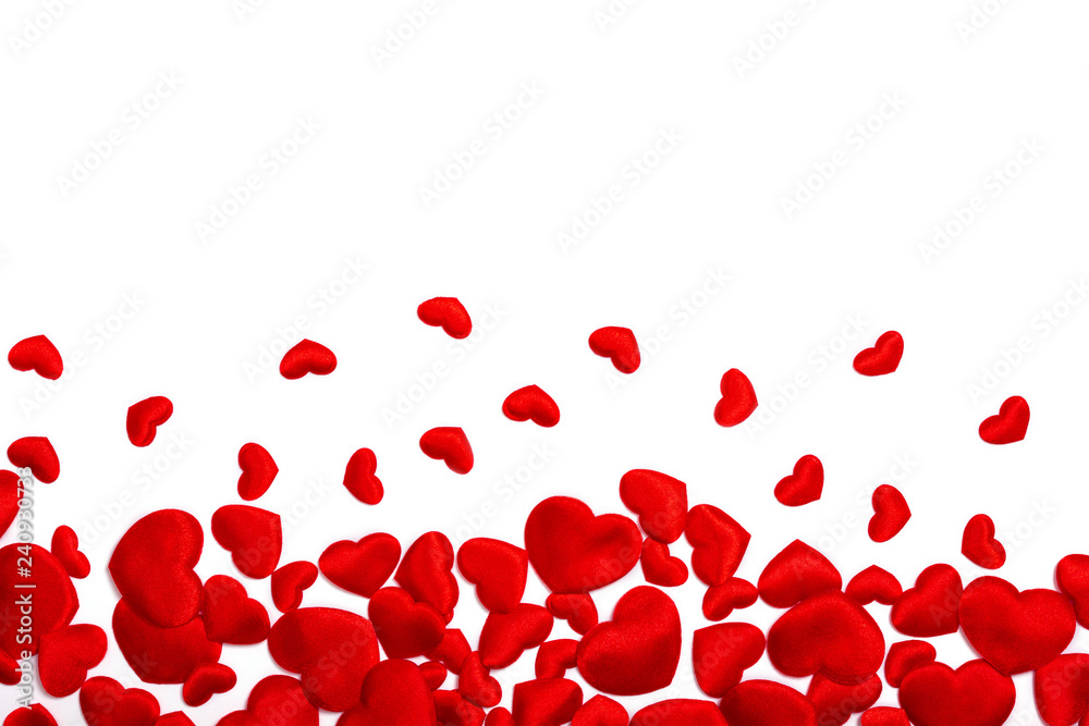 Creative composition with red hearts isolated on white. Love concept. Flat lay style, top view. Place for text.