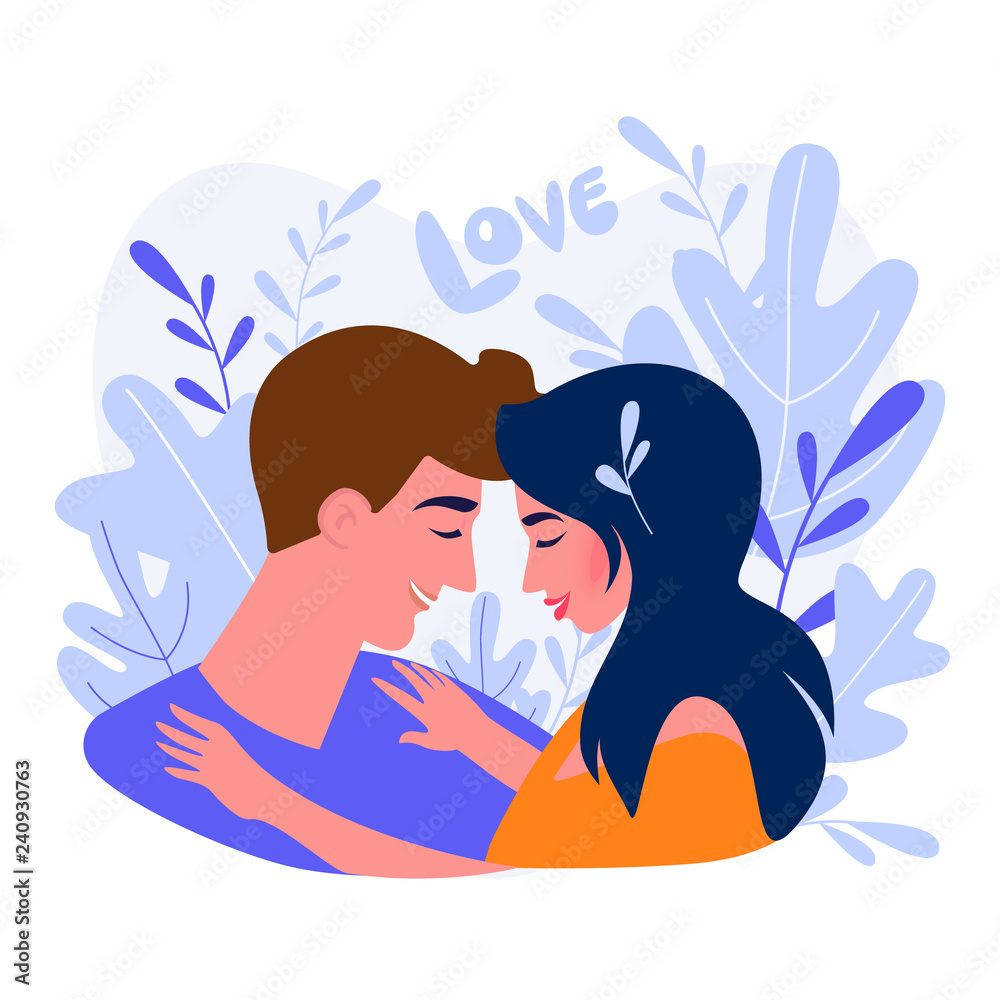 Hugging couple on the natural background with big leaves Hugging couple on the natural background with big leaves