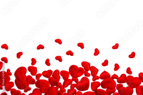 Creative composition with red hearts isolated on white. Love concept. Flat lay style  top view. Place for text.