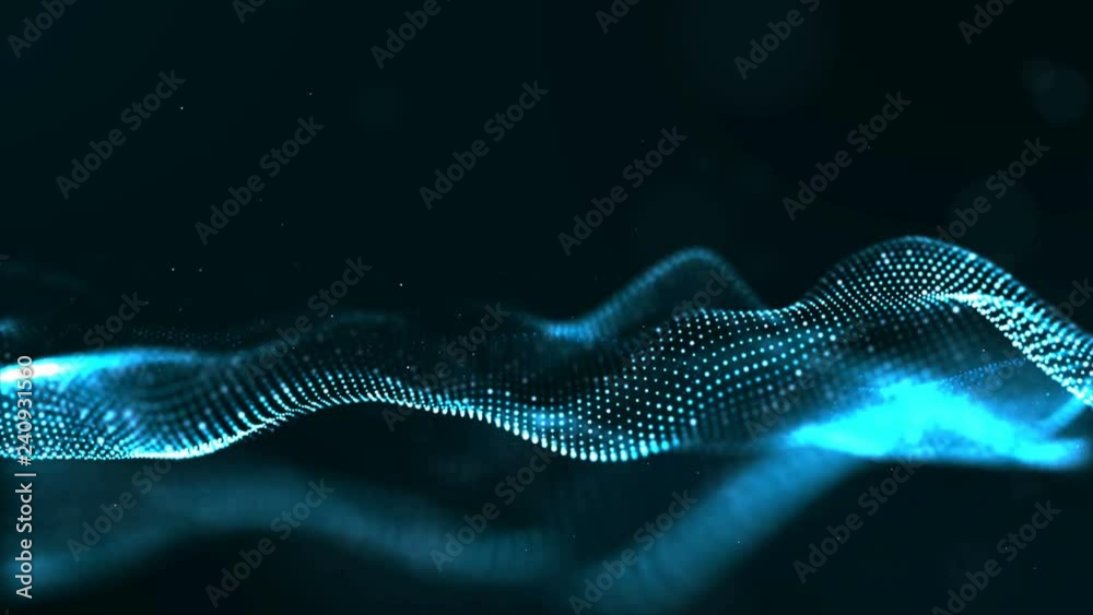 Abstract blue color digital particles wave with dust and light motion background