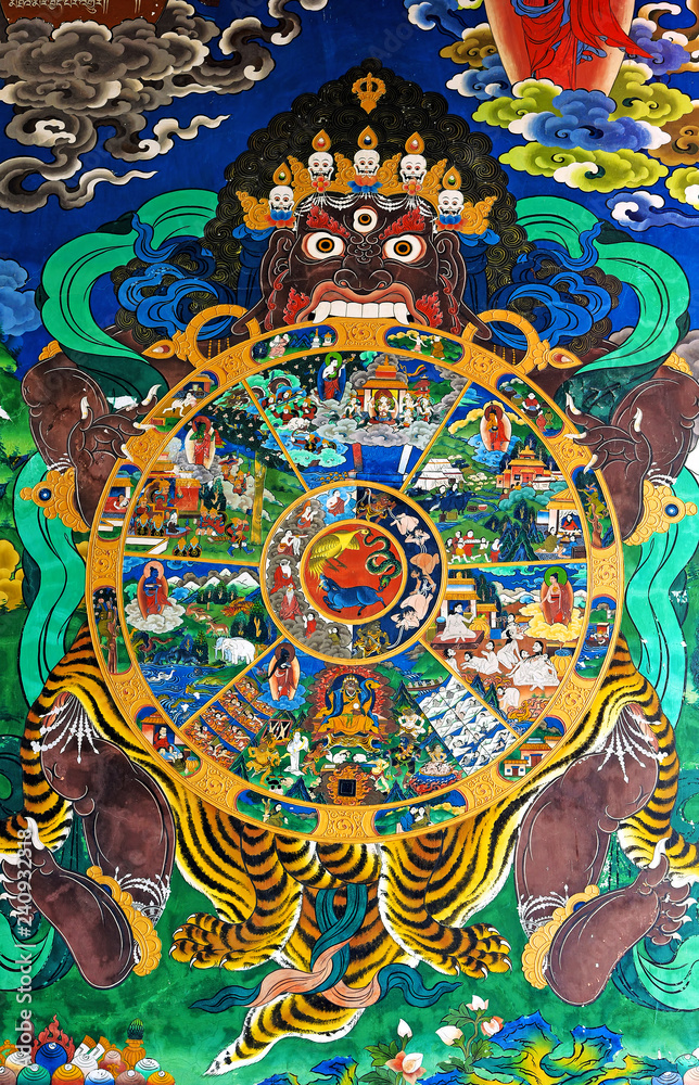 Beautiful wall painting presenting Buddha’s life in Tashi Rabten Ling Monastery Center For Buddhist Monastic Studies at Lumbini, Nepal