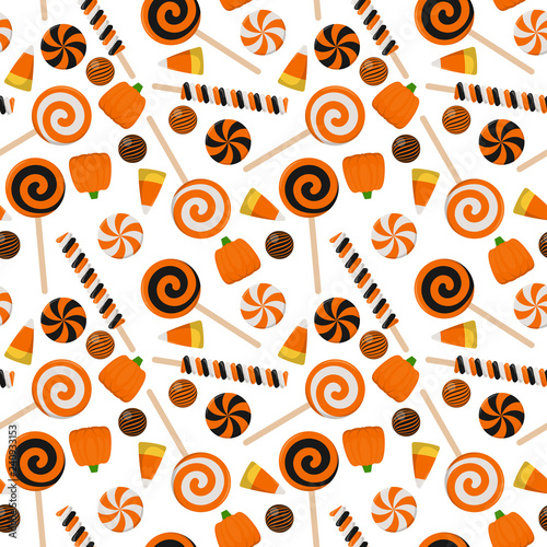 Halloween Candy Seamless Pattern - Assortment of colorful Halloween candies on solid background