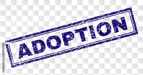 ADOPTION stamp seal watermark with rubber print style and double framed rectangle shape. Stamp is placed on a transparent background. Blue vector rubber print of ADOPTION label with unclean texture.