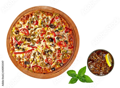 Whole round supreme pizza with mint and coke or cola glass leaves isolated on white background