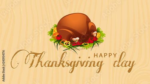 Vector realistic illustration of roasted turkey or grilled chicken with spices and vegetables, tomatoes, lettuce, olives, isolated on background. Traditional food for Christmas or Thanksgiving day
