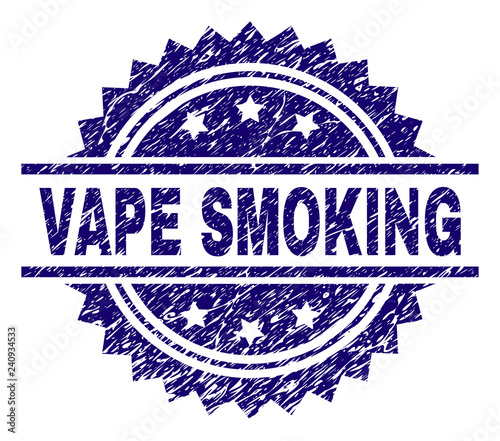 VAPE SMOKING stamp seal watermark with distress style. Blue vector rubber print of VAPE SMOKING label with dirty texture.