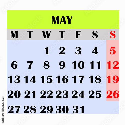 Calendar design month may 2019. Year 2019 calendar. Simple design for calendar 2019. Calendar for organization and business. Week Starts Monday.