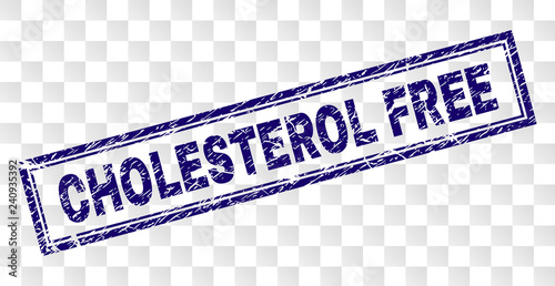 CHOLESTEROL FREE stamp seal watermark with rubber print style and double framed rectangle shape. Stamp is placed on a transparent background.