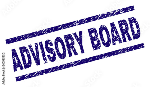 ADVISORY BOARD seal imprint with grunge style. Blue vector rubber print of ADVISORY BOARD text with grunge texture. Text label is placed between parallel lines.