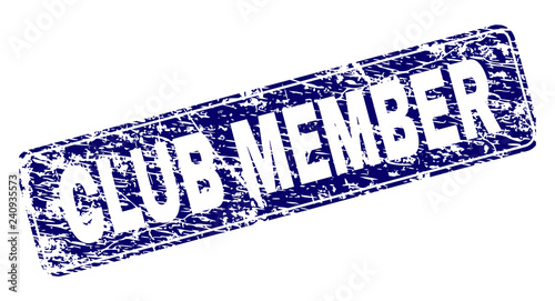 CLUB MEMBER stamp seal print with distress style. Seal shape is a rounded rectangle with frame. Blue vector rubber print of CLUB MEMBER tag with unclean style.