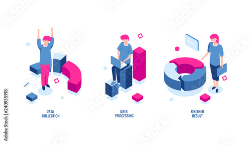 Business statistics, data collection and data processing isometric icon, finished result, chart diagram, income and expense, color flat vector