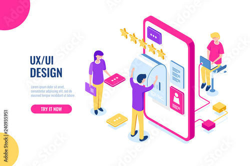 UX UI Design, mobile development application, user interface building, mobile phone screen, people work and help together, programming for smartphone, isometric flat vector