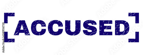 ACCUSED label seal watermark with grunge texture. Text tag is placed inside corners. Blue vector rubber print of ACCUSED with grunge texture.