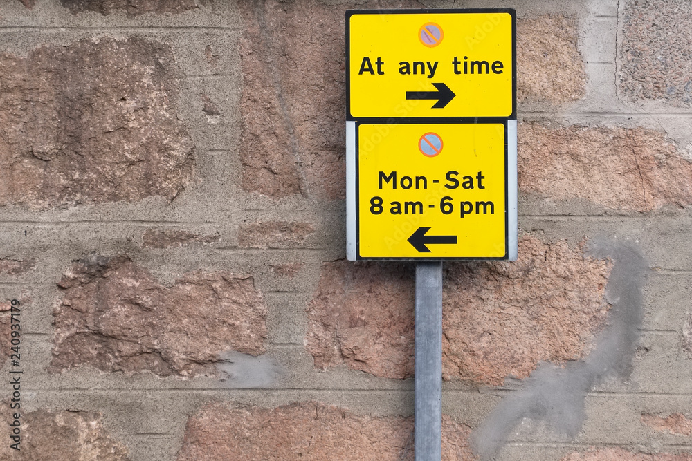 No stopping at any time Monday to Saturday sign for motorists No stopping at any time Monday to Saturday sign for motorists