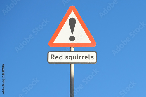 Red squirrels warning danger road sign for safety of animals and motorists in rural countryside