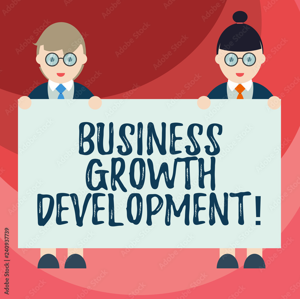 Text sign showing Business Growth Development. Conceptual photo improving some measure of an enterprise success Male and Female in Uniform Standing Holding Blank Placard Banner Text Space Text sign showing Business Growth Development. Conceptual photo improving some measure of an enterprise success Male and Female in Uniform Standing Holding Blank Placard Banner Text Space