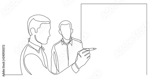 business colleagues drawing on whiteboard during brainstorm session - one line drawing