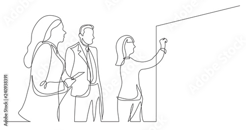 business team discussing whiteboard drawing during brainstorm session - one line drawing
