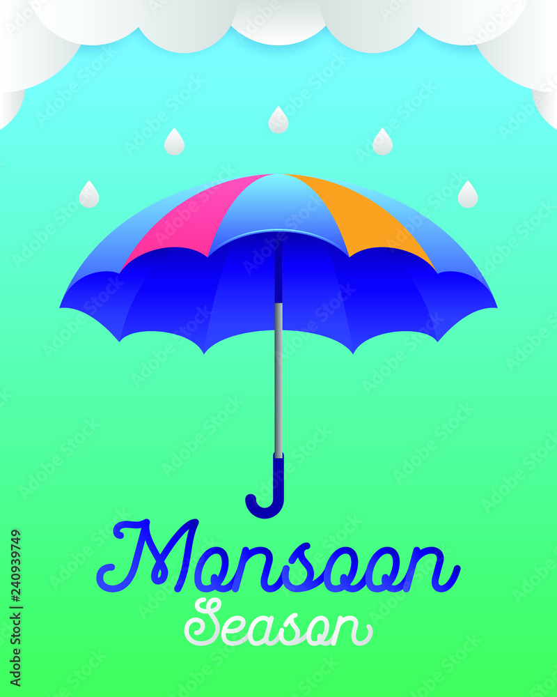 Banner or poster of monsoon season with colorful umbrella and cloud flat style vector line illustration