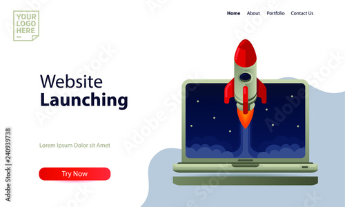 Landing page template website launching. rocket launch from a laptop flat style vector illustration