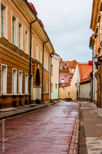 Stylish and cozy street in Old Town of Vilnius. Classical European architecture street