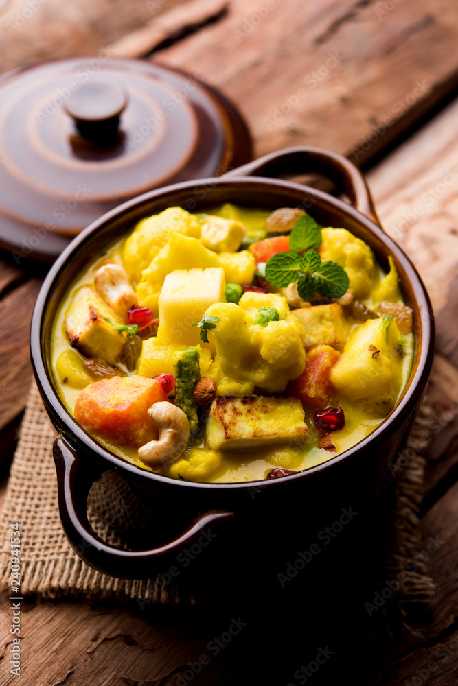 Navratan Korma is a rich, creamy and flavorful Mughlai dish from India that literally translates to nine-gem curry. The “gems” are the fruits, vegetables and nuts that make up the curry. Navratan Korma is a rich, creamy and flavorful Mughlai dish from India that literally translates to nine-gem curry. The “gems” are the fruits, vegetables and nuts that make up the curry.