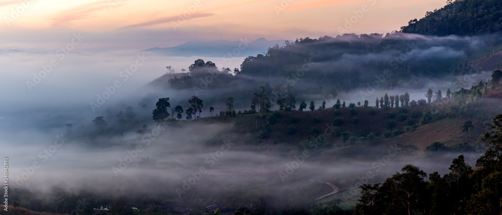 Mountain and foggy at morning time with orange sky, beautiful landscape in the thailand Mountain and foggy at morning time with orange sky, beautiful landscape in the thailand