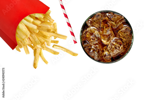 Cola or coke glass and scattered French fries in red box from top view isolated on white background