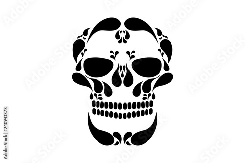 Drawing of a skull with black paisley shapes, vector illustration © Leiana