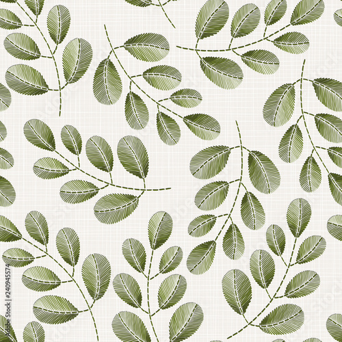  Embroidery floral seamless pattern on linen cloth texture